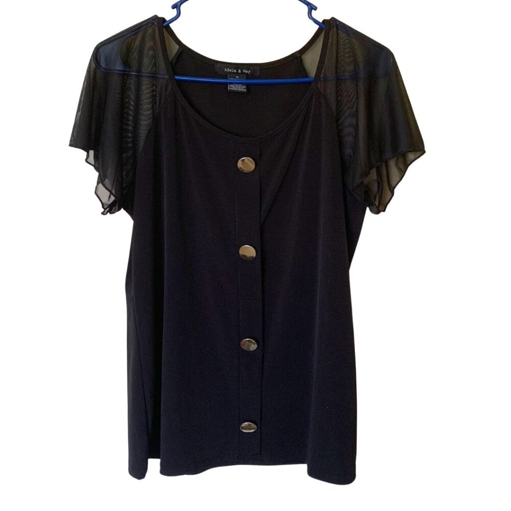 Adele & May Black Blouse Women Top Short Sheer Sleeves Size M